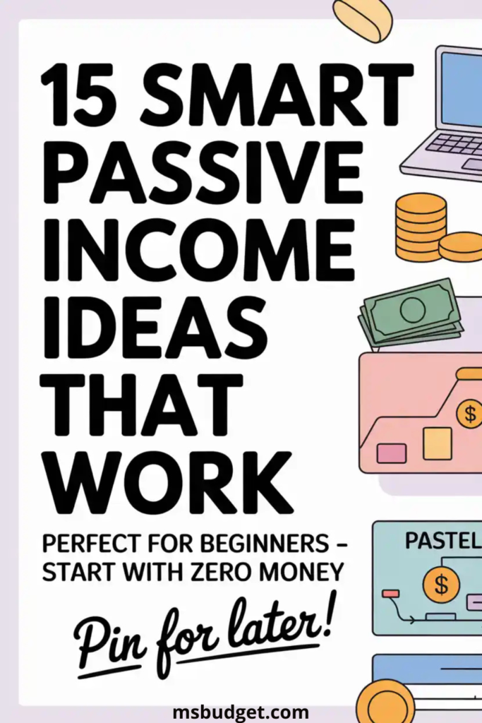 “Pinterest graphic titled ‘15 Smart Passive Income Ideas That Work’ with colorful pastel illustrations of money, laptop, wallet, and graphs. Subheadline reads ‘Perfect for beginners – start with zero money’. Includes handwritten call to action ‘Pin for later’. Financial tips for creating passive income online.”