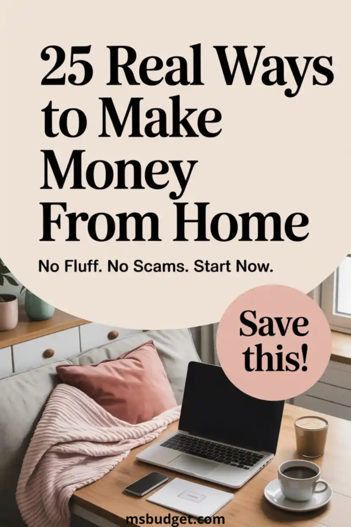 25 Real Ways to Make Money From Home – cozy home workspace with laptop, coffee, and planner. This vertical Pinterest graphic shares realistic, no-scam work-from-home ideas perfect for moms and beginners looking to earn extra income. Includes side hustle ideas, flexible online jobs, and simple money-making tips. Save this for later!