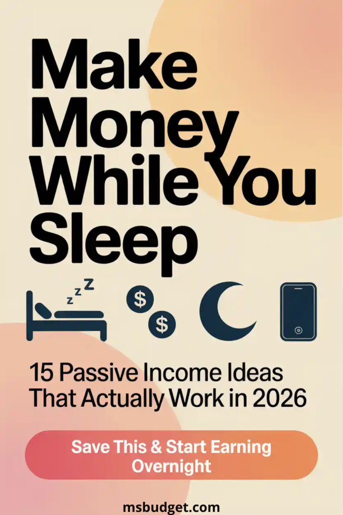 Pinterest graphic with bold text “Make Money While You Sleep” and subheadline “15 Passive Income Ideas That Actually Work in 2026.” Features minimalist icons of a bed, dollar signs, moon, and smartphone. Includes a coral-red CTA button: “Save This & Start Earning Overnight.” Ideal for passive income online, side hustles, and financial freedom tips.