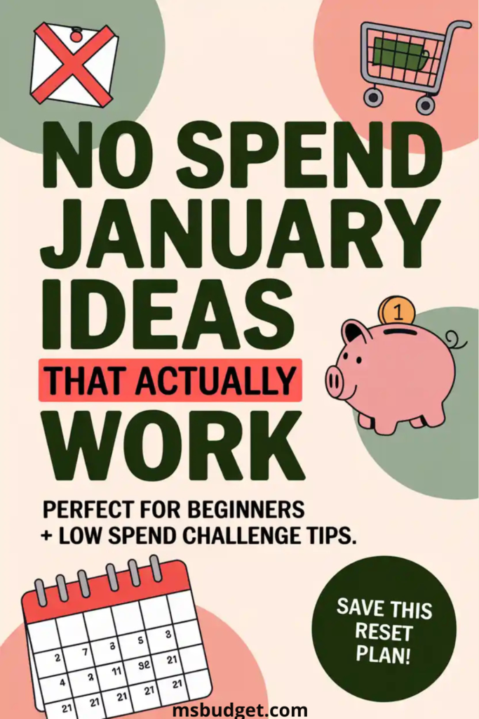 No Spend January Ideas That Actually Work.” Features bold text overlay, a red calendar, piggy bank, crossed-out shopping cart, and sticky note with “Save This Reset Plan!” Ideal for budgeting beginners, low spend challenge tips, and no spend month ideas to start the year