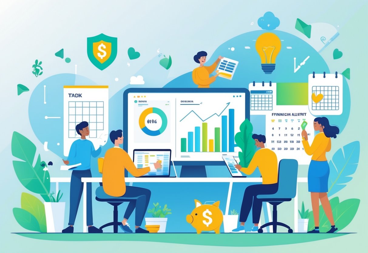 A group of people managing their finances with a budget planner, savings jar, checklist, and smartphone app surrounded by icons representing financial health and growth.