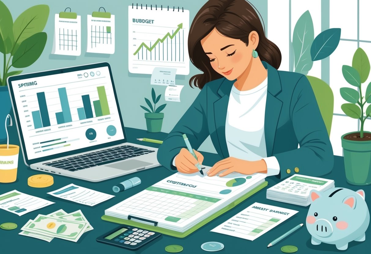 A person at a desk tracking their spending with a laptop, calendar, notebook, calculator, and receipts, symbolizing consistent financial management.