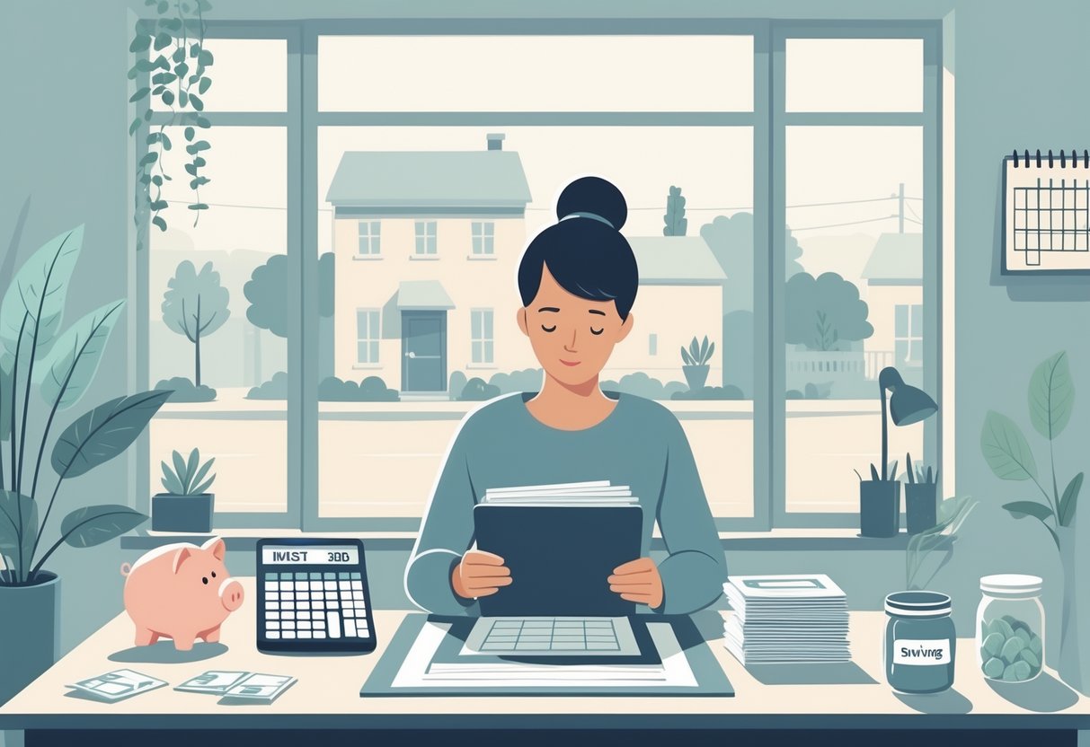 A person reviewing a budget planner at a tidy desk with financial items like a calculator, piggy bank, and savings jar in a modest, organized home setting.