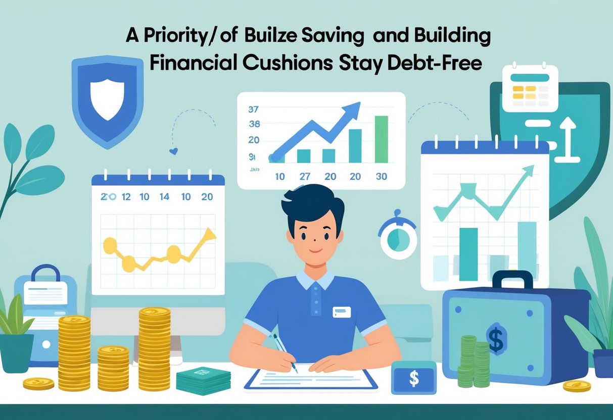 A person managing their finances at a desk with a piggy bank, coins, a calendar, and symbols of financial stability around them.