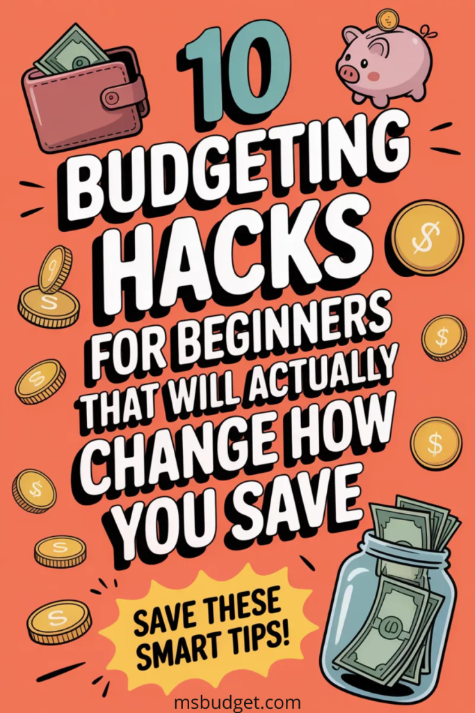 Pinterest graphic titled “10 Budgeting Hacks for Beginners That Will Actually Change How You Save.” Features bold, playful typography on a bright coral background, with cartoon-style illustrations of a piggy bank, wallet, money jar, and coins. Includes a yellow CTA badge: “Save these smart tips!” Ideal for beginner budgeting, money-saving hacks, and personal finance tips.