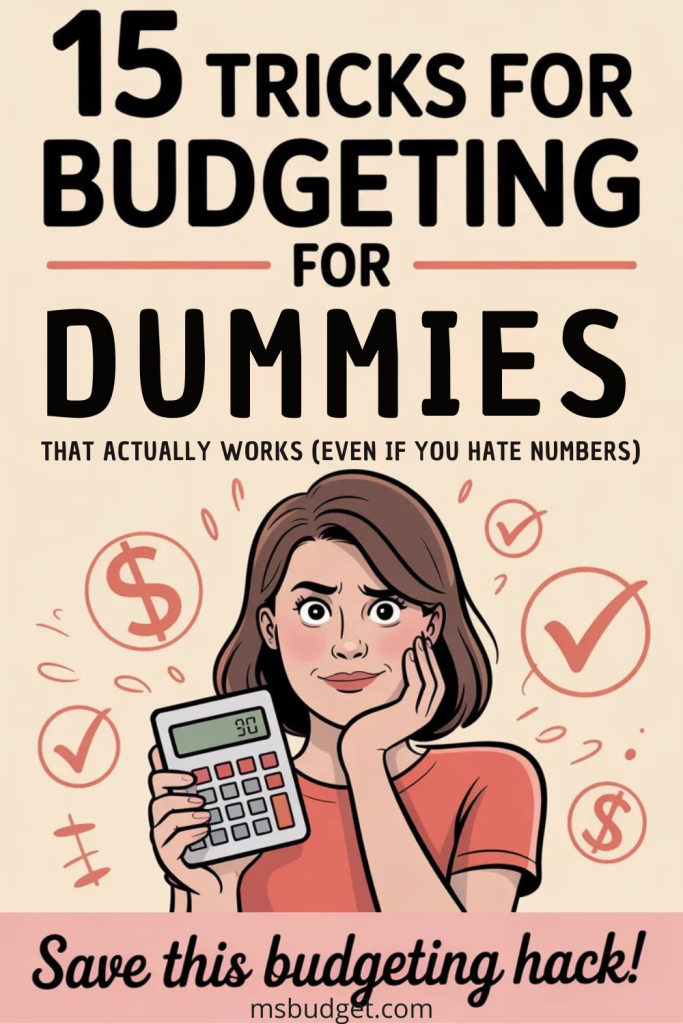 Pinterest pin titled “15 Tricks for Budgeting for Dummies That Actually Works (Even If You Hate Numbers).” Features an illustration of a worried woman holding a calculator, surrounded by financial icons like dollar signs and check marks. Clean, bold typography with a light background and CTA: “Save this budgeting hack!” Ideal for budgeting tips, personal finance for beginners, and saving money advice.