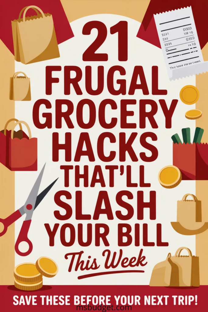Pinterest graphic titled “21 Frugal Grocery Hacks That’ll Slash Your Bill This Week.” Features bold red typography, grocery bag illustrations, scissors, coins, and a receipt. Includes a red banner CTA at the bottom: “Save These Before Your Next Trip!” Ideal for grocery budgeting tips, frugal food hacks, and shopping on a budget.