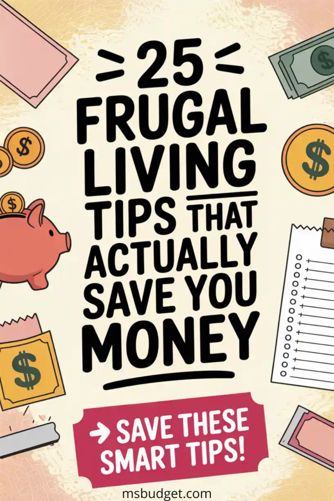 Pinterest image titled “25 Frugal Living Tips That Actually Save You Money.” Features bold black text in the center with playful illustrations of a piggy bank, dollar coins, cash, receipts, and a checklist. A red banner CTA at the bottom reads “Save These Smart Tips!” Ideal for frugal living, saving money hacks, and budget advice.