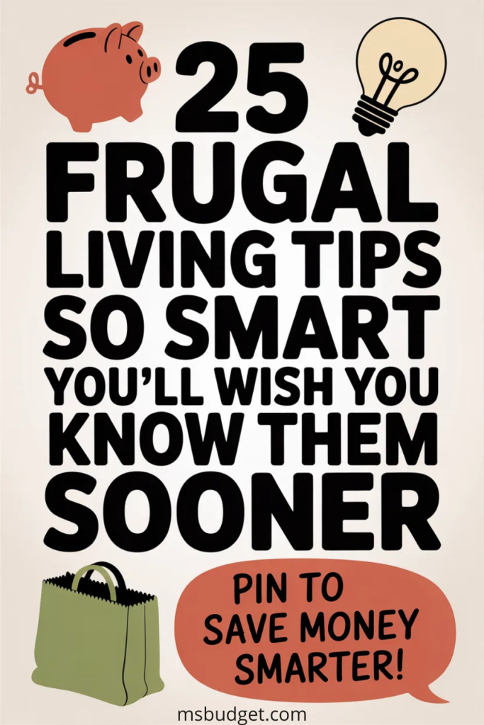 Pinterest image with bold centered title “25 Frugal Living Tips So Smart You’ll Wish You Knew Them Sooner.” Features clean layout with illustrations of a piggy bank, light bulb, and reusable shopping bag. Includes a speech bubble CTA at the bottom: “Pin to Save Money Smarter!” Ideal for budgeting, cost-saving tips, and frugal lifestyle inspiration.