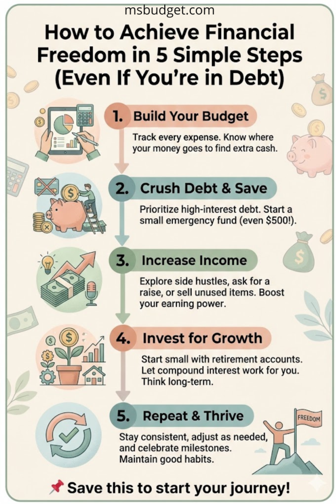 Illustrated infographic titled “How to Achieve Financial Freedom in 5 Simple Steps (Even If You’re in Debt).” Features five steps: build your budget, crush debt and save, increase income, invest for growth, and repeat & thrive. Includes icons of money, charts, piggy banks, and a figure reaching a freedom flag. Ideal for financial freedom, debt payoff, and money management tips.