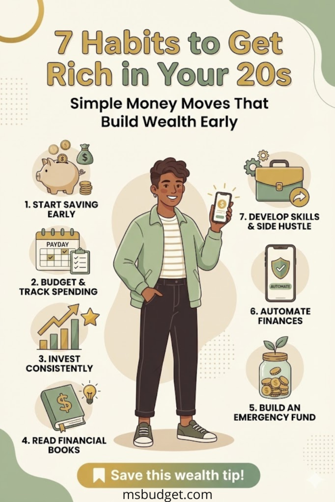 Illustrated infographic titled “7 Habits to Get Rich in Your 20s” featuring money habits like saving early, budgeting, investing, reading financial books, building an emergency fund, automating finances, and developing skills or a side hustle. Visuals include icons of money, graphs, piggy bank, and a smiling young adult. Ideal for financial planning, budgeting tips, and wealth-building for young adults.