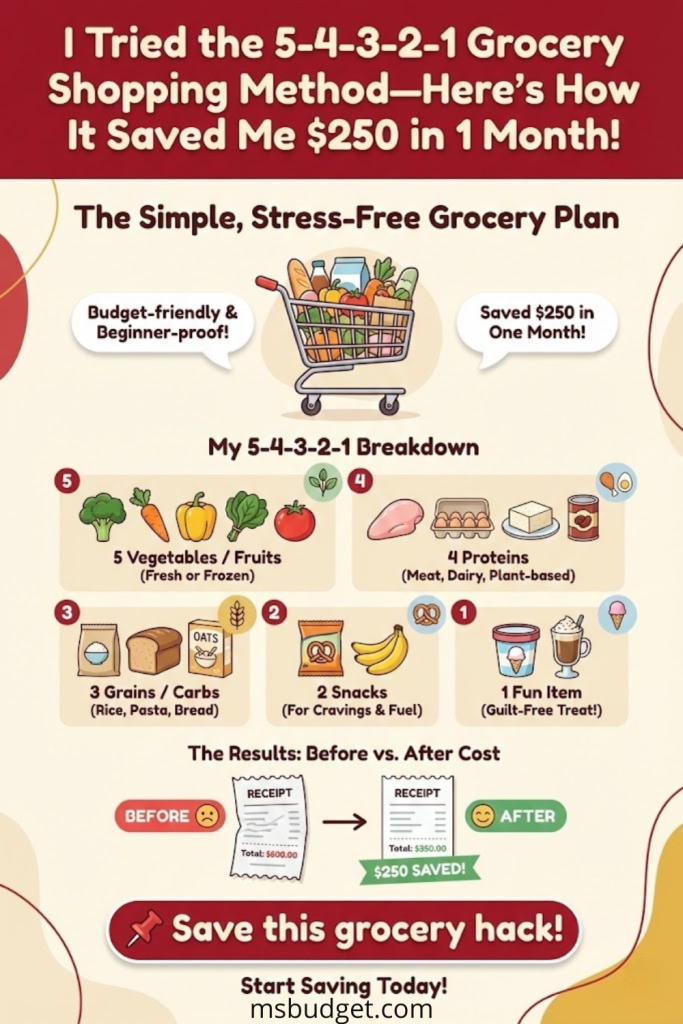 Infographic titled “I Tried the 5-4-3-2-1 Grocery Shopping Method—Here’s How It Saved Me $250 in 1 Month!” visually breaks down a simple budget grocery plan with colorful illustrations of food categories: 5 vegetables/fruits, 4 proteins, 3 carbs, 2 snacks, and 1 fun item. Includes a before-and-after receipt comparison showing $250 in savings. Features bold callout: “Save this grocery hack!”