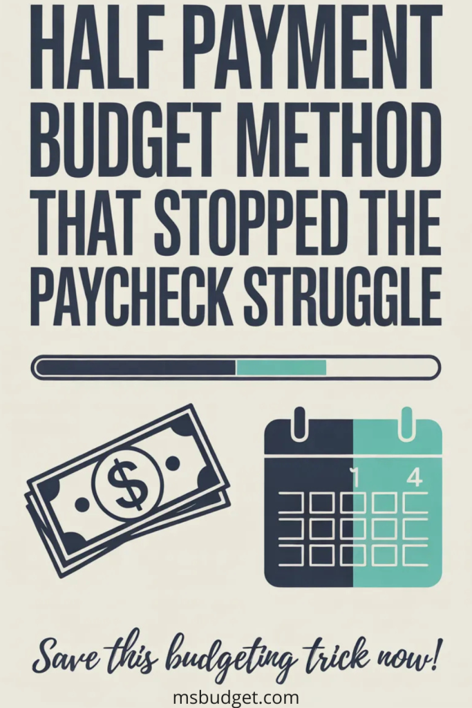 Pinterest image titled “Half Payment Budget Method That Stopped the Paycheck Struggle.” Features bold, centered typography with illustrations of a split calendar, dollar bills, and a progress bar. Includes a call-to-action text “Save this budgeting trick now!” Ideal for budgeting paycheck to paycheck, money-saving strategies, and biweekly budget planning.