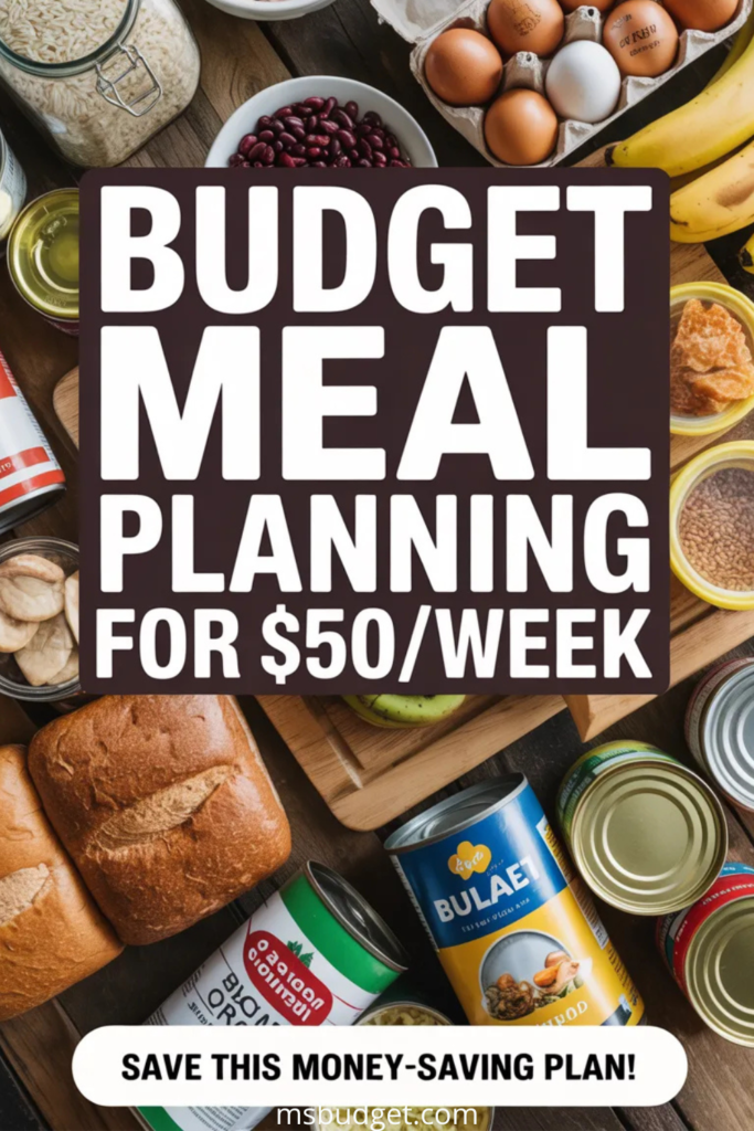 “Budget Meal Planning for $50/Week.” Features a top-down view of real groceries on a wooden table, including canned goods, bread, rice, eggs, bananas, and beans. Bold white text is centered on a dark overlay with a lower-third CTA: “Save this money-saving plan!”