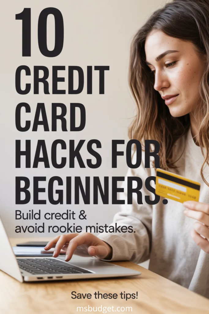 Pinterest pin titled “10 Credit Card Hacks for Beginners” with subtext “Build credit & avoid rookie mistakes.” Features a realistic photo of a young woman holding a credit card while typing on a laptop. Natural lighting and minimal background. Includes CTA: “Save these tips!” Ideal for first credit card users, credit-building tips, and personal finance advice.