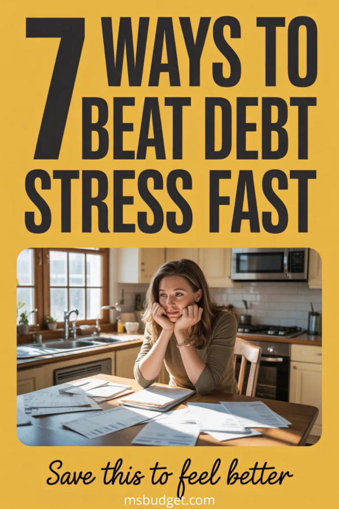 Pinterest image titled “7 Ways to Beat Debt Stress Fast” with bold black text on a mustard yellow background. Features a woman sitting at a kitchen table, looking overwhelmed with bills and paperwork. Includes a handwritten CTA at the bottom: “Save this to feel better.” Ideal for content about debt stress relief, financial motivation, and money management tips.