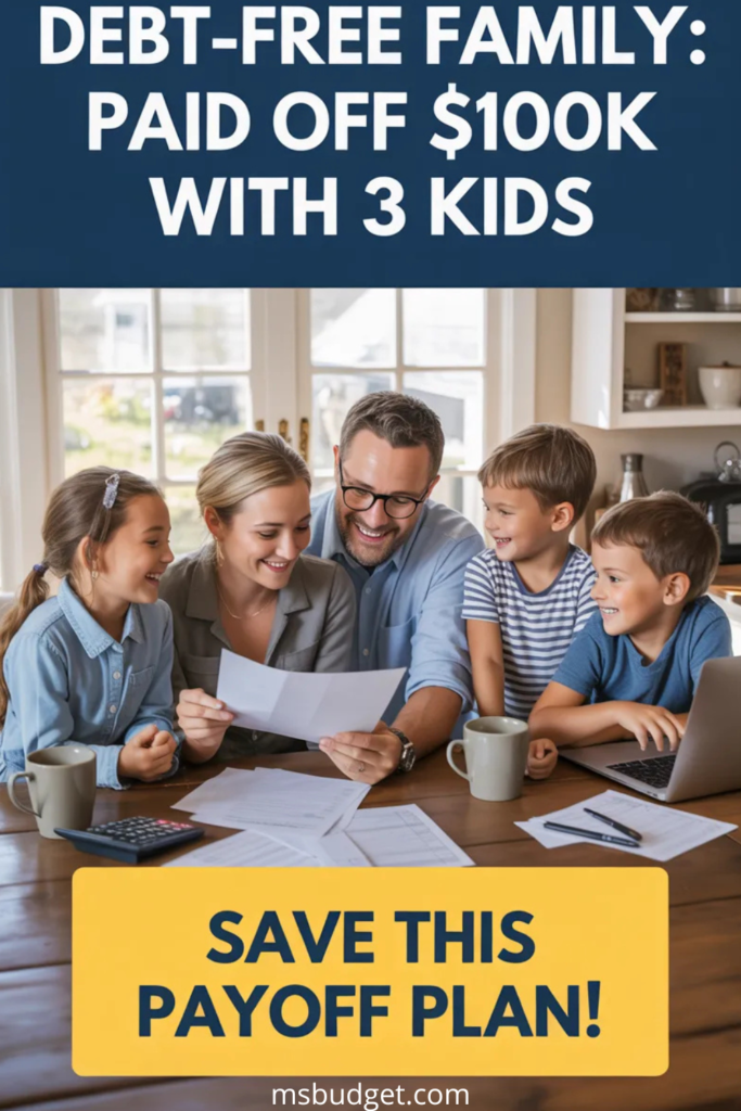 image titled “Debt-Free Family: Paid Off $100K With 3 Kids.” Shows a smiling family of five around a kitchen table, reviewing paperwork with coffee mugs and a laptop. The bold CTA “Save This Payoff Plan!” appears in a yellow box. Ideal for debt payoff stories, living debt-free, and family budgeting inspiration.