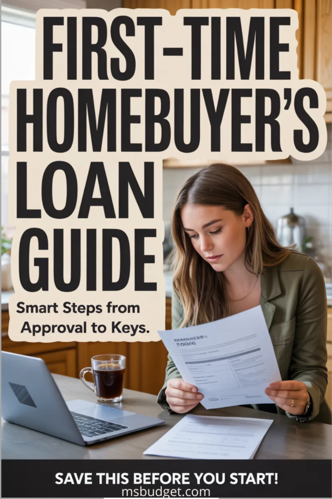image titled “First-Time Homebuyer’s Loan Guide” with subheadline “Smart Steps from Approval to Keys.” Features a woman at a kitchen table reviewing mortgage documents with a laptop and coffee. Includes a bold CTA: “Save This Before You Start!