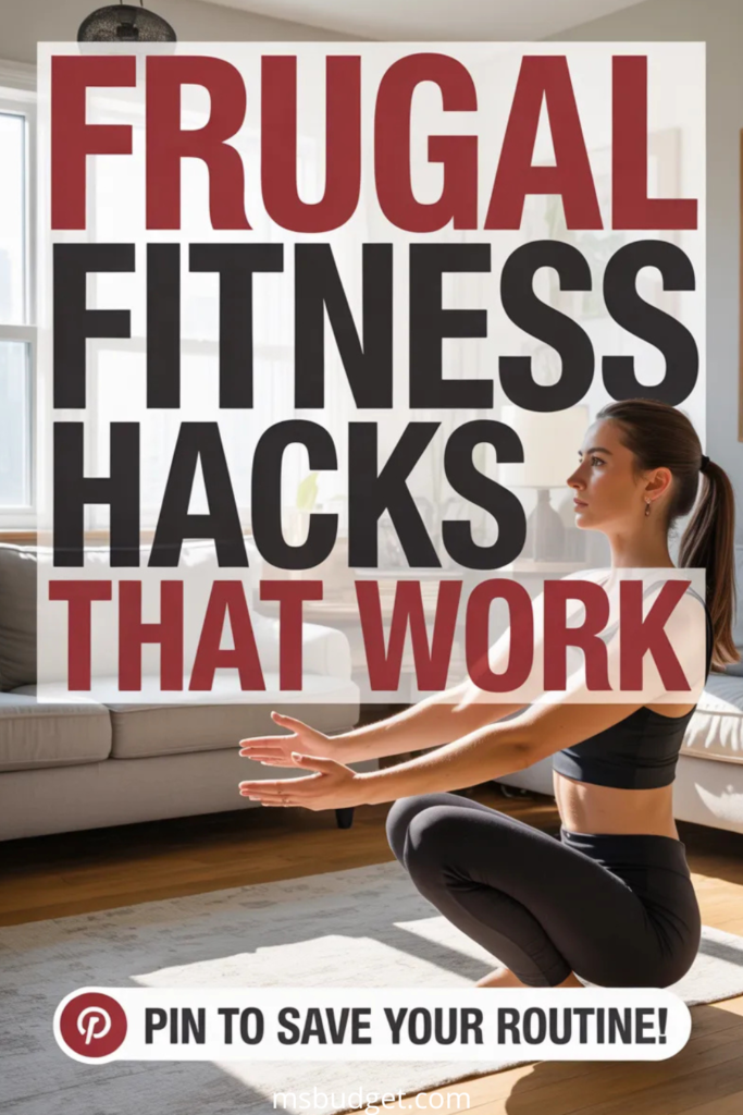 image titled “Frugal Fitness Hacks That Work.” Features a woman doing a home workout in a sunlit living room, dressed in black fitness gear. Bold red and black headline is centered. Lower third includes CTA: “Pin to save your routine!” Ideal for frugal fitness tips, at-home workouts, and budget-friendly health routines.
