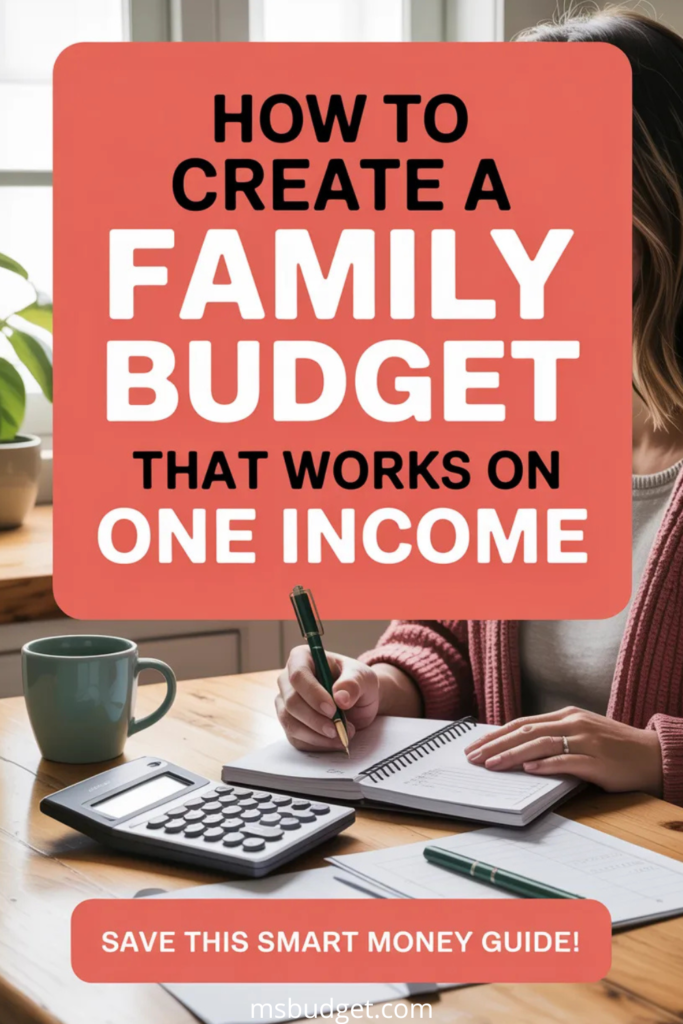 Pinterest pin titled “How to Create a Family Budget That Works on One Income.” Features a woman writing in a budget planner at a wooden kitchen table with a calculator, coffee mug, and soft natural light. Bold coral overlay with white and black text, and CTA: “Save This Smart Money Guide!” Ideal for single income family budgeting and realistic money tips.