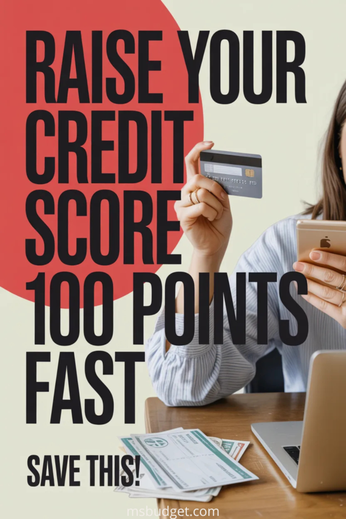 bold text “Raise Your Credit Score 100 Points Fast.” Features a woman holding a credit card and phone, seated at a desk with financial documents and a laptop. Red circle graphic adds contrast behind headline. CTA at bottom reads “Save this!