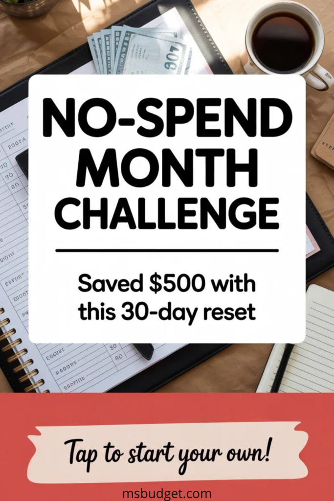 Flat-lay photo of a desk with a coffee mug, open planner, cash-filled envelope, spiral notebook, pen, and leather wallet. The lighting is natural with soft shadows, creating a cozy, real-life budgeting setup. A red banner with handwritten-style text is placed at the bottom.