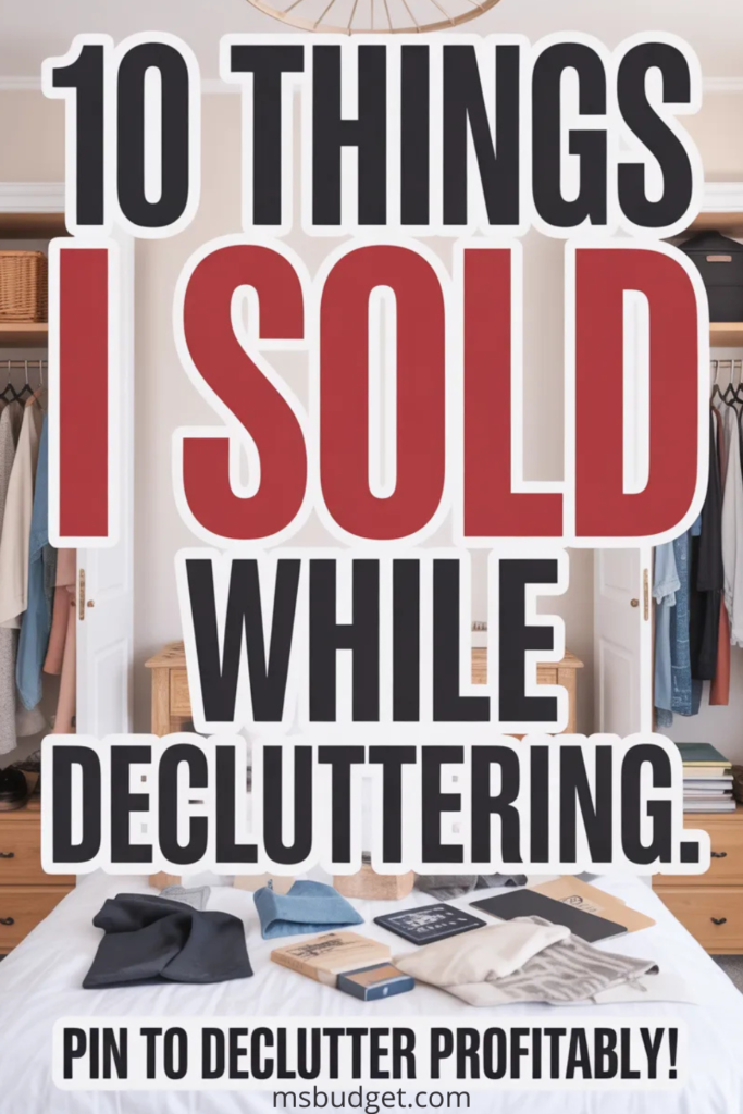 Pinterest pin titled “10 Things I Sold While Decluttering” with bold black and red typography over a real-life photo of an open, organized closet and items laid out on a bed. Includes a CTA at the bottom: “Pin to declutter profitably!” Ideal for posts about how to make money decluttering, selling unused items, and simple resale tips.