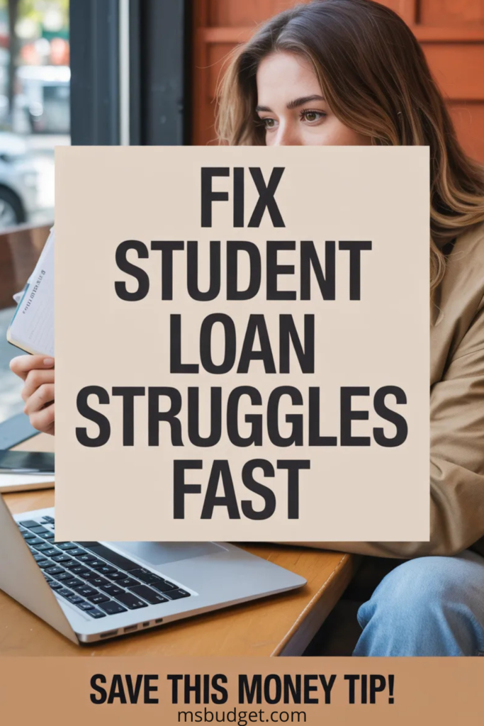 image titled “Fix Student Loan Struggles Fast.” Features a young woman sitting at a coffee shop with a laptop and notebook, overlaid with bold centered text and a CTA banner that reads “Save This Money Tip!” at the bottom.